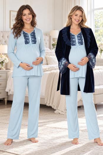 Effortt 8088M Kadife Sabahlıklı Dantelli Lohusa Pijama Takımı